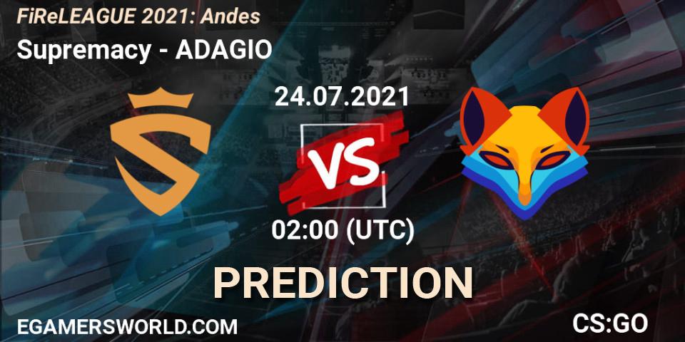 Supremacy vs ADAGIO: Betting TIp, Match Prediction. 24.07.2021 at 01:00. Counter-Strike (CS2), FiReLEAGUE 2021: Andes