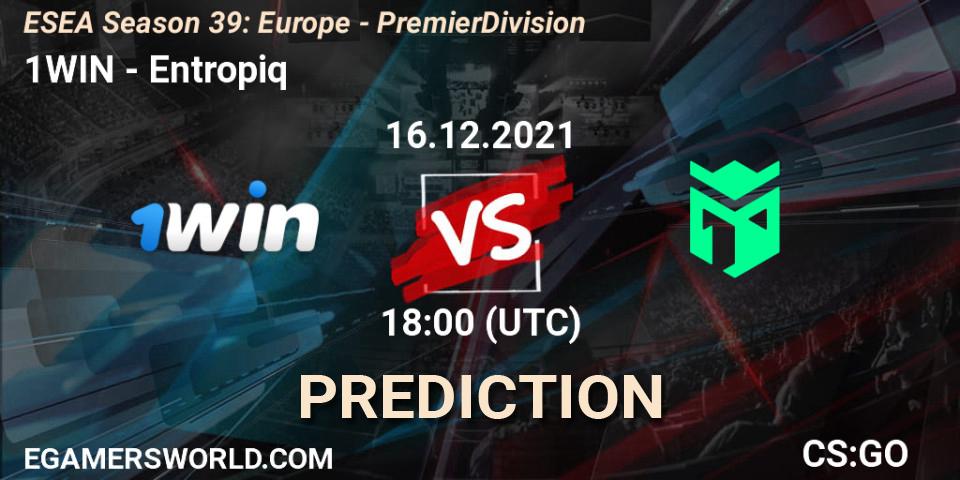 1WIN vs Entropiq: Betting TIp, Match Prediction. 16.12.2021 at 18:00. Counter-Strike (CS2), ESEA Season 39: Europe - Premier Division