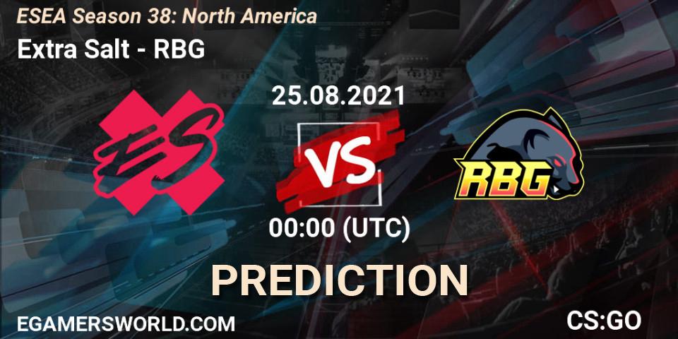 Extra Salt vs RBG: Betting TIp, Match Prediction. 03.09.2021 at 00:00. Counter-Strike (CS2), ESEA Season 38: North America 
