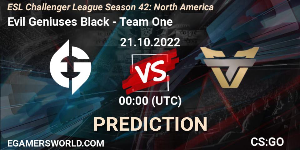 Evil Geniuses Black vs Team One: Betting TIp, Match Prediction. 21.10.2022 at 01:00. Counter-Strike (CS2), ESL Challenger League Season 42: North America