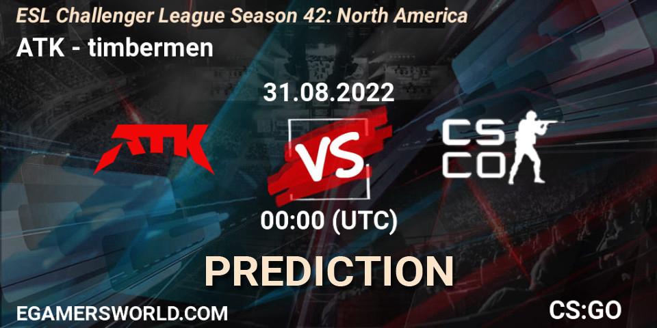 ATK vs timbermen: Betting TIp, Match Prediction. 31.08.2022 at 00:00. Counter-Strike (CS2), ESL Challenger League Season 42: North America
