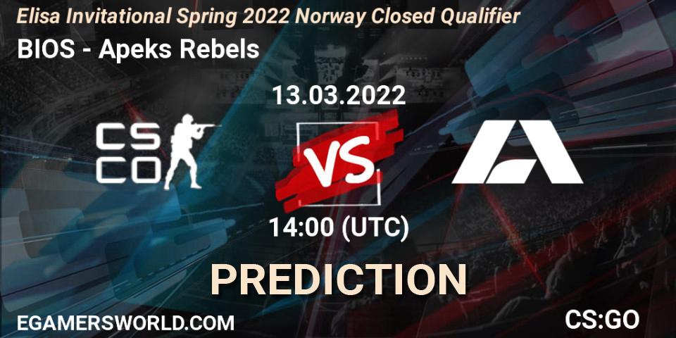 BIOS vs Apeks Rebels: Betting TIp, Match Prediction. 13.03.2022 at 14:00. Counter-Strike (CS2), Elisa Invitational Spring 2022 Norway Closed Qualifier