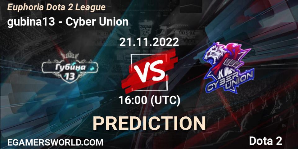 gubina13 vs Cyber Union: Betting TIp, Match Prediction. 21.11.2022 at 16:16. Dota 2, Euphoria Dota 2 League