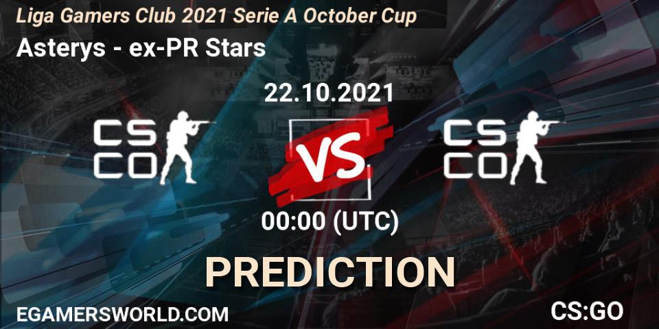 Asterys vs ex-PR Stars: Betting TIp, Match Prediction. 22.10.2021 at 00:10. Counter-Strike (CS2), Liga Gamers Club 2021 Serie A October Cup