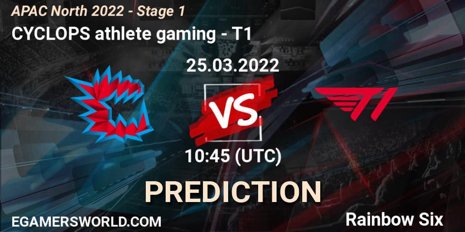 CYCLOPS athlete gaming vs T1: Betting TIp, Match Prediction. 25.03.2022 at 10:45. Rainbow Six, APAC North 2022 - Stage 1