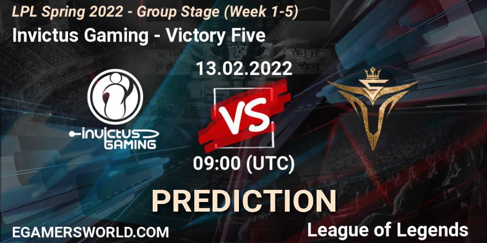 Invictus Gaming vs Victory Five: Betting TIp, Match Prediction. 13.02.2022 at 10:00. LoL, LPL Spring 2022 - Group Stage (Week 1-5)