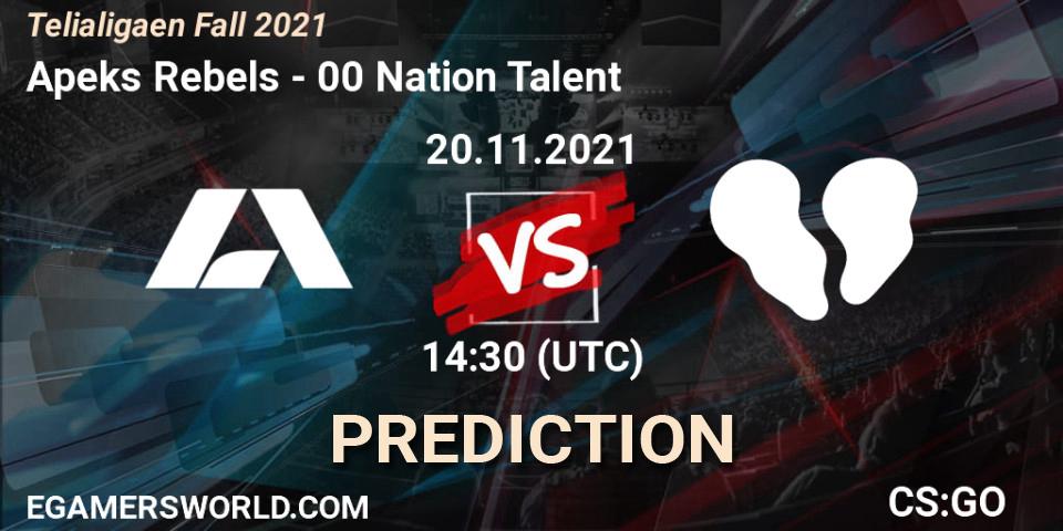 Apeks Rebels vs 00 Nation Talent: Betting TIp, Match Prediction. 20.11.2021 at 14:30. Counter-Strike (CS2), Telialigaen Fall 2021