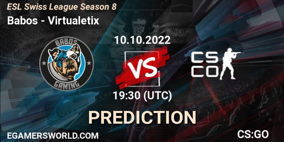 Babos vs Virtualetix: Betting TIp, Match Prediction. 10.10.2022 at 19:30. Counter-Strike (CS2), ESL Swiss League Season 8