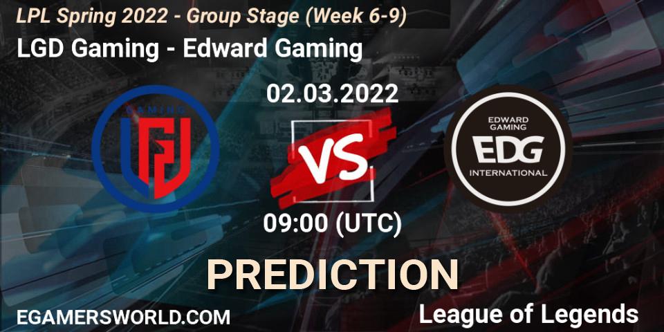 LGD Gaming vs Edward Gaming: Betting TIp, Match Prediction. 02.03.2022 at 09:00. LoL, LPL Spring 2022 - Group Stage (Week 6-9)