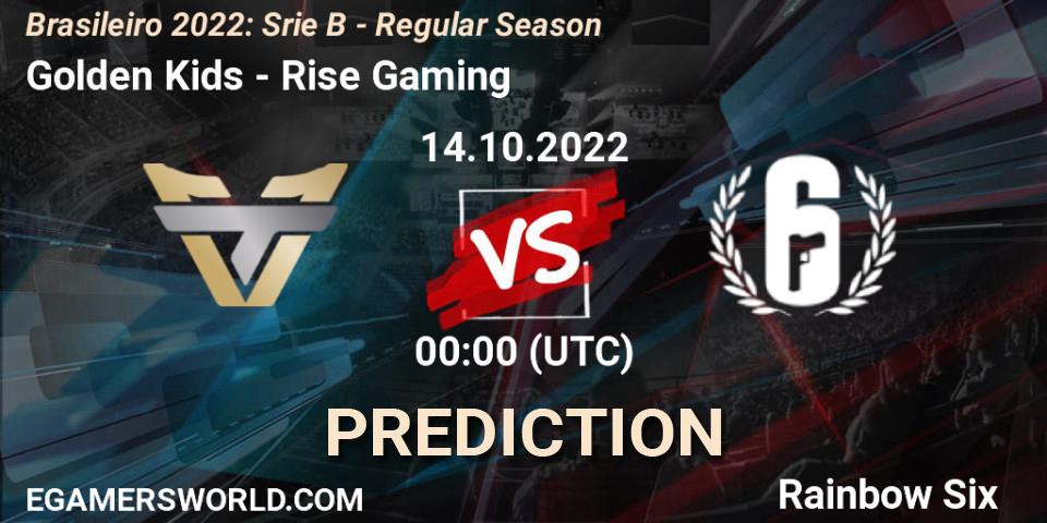 Golden Kids vs Rise Gaming: Betting TIp, Match Prediction. 14.10.2022 at 00:00. Rainbow Six, Brasileirão 2022: Série B - Regular Season
