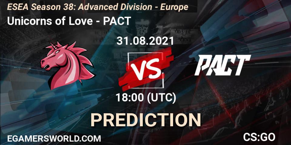 Unicorns of Love vs PACT: Betting TIp, Match Prediction. 31.08.2021 at 18:00. Counter-Strike (CS2), ESEA Season 38: Advanced Division - Europe