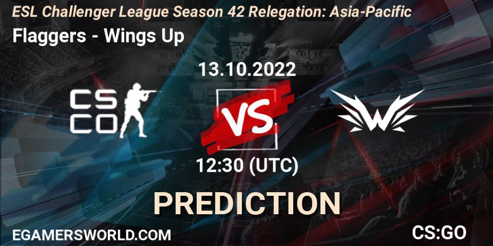 Flaggers vs Wings Up: Betting TIp, Match Prediction. 13.10.2022 at 12:30. Counter-Strike (CS2), ESL Challenger League Season 42 Relegation: Asia-Pacific