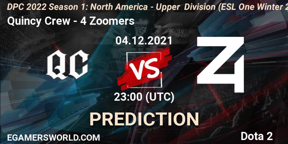 Quincy Crew vs 4 Zoomers: Betting TIp, Match Prediction. 04.12.2021 at 22:55. Dota 2, DPC 2022 Season 1: North America - Upper Division (ESL One Winter 2021)