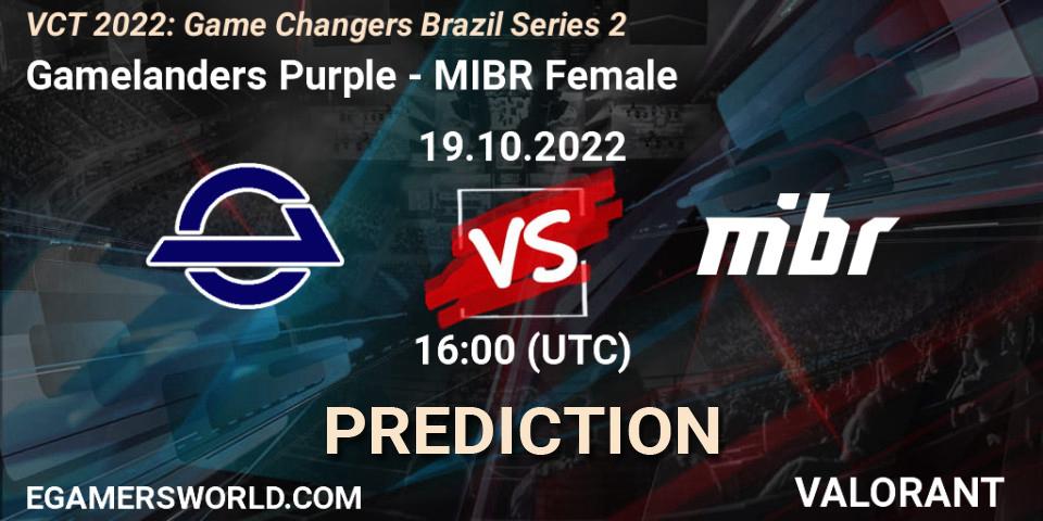 Gamelanders Purple vs MIBR Female: Betting TIp, Match Prediction. 19.10.2022 at 16:20. VALORANT, VCT 2022: Game Changers Brazil Series 2