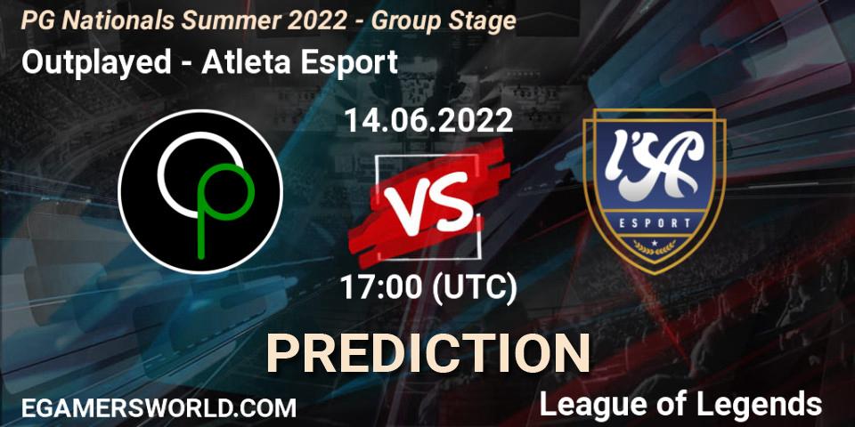 Outplayed vs Atleta Esport: Betting TIp, Match Prediction. 14.06.2022 at 19:50. LoL, PG Nationals Summer 2022 - Group Stage