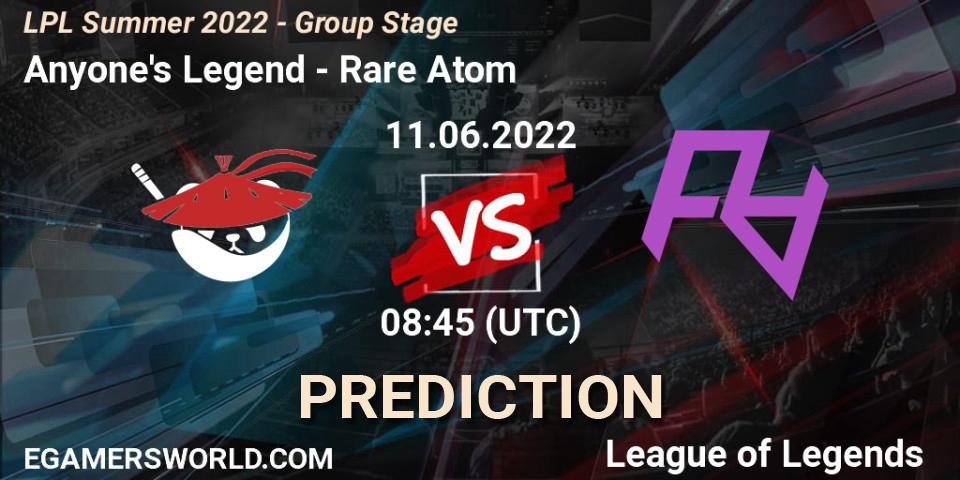 Anyone's Legend vs Rare Atom: Betting TIp, Match Prediction. 11.06.22. LoL, LPL Summer 2022 - Group Stage