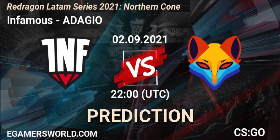 Infamous vs ADAGIO: Betting TIp, Match Prediction. 03.09.2021 at 01:00. Counter-Strike (CS2), Redragon Latam Series 2021: Northern Cone