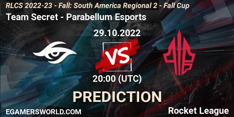 Team Secret vs Parabellum Esports: Betting TIp, Match Prediction. 29.10.2022 at 20:00. Rocket League, RLCS 2022-23 - Fall: South America Regional 2 - Fall Cup