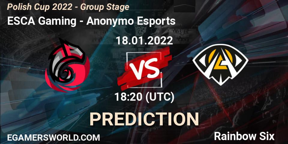 ESCA Gaming vs Anonymo Esports: Betting TIp, Match Prediction. 18.01.2022 at 18:20. Rainbow Six, Polish Cup 2022 - Group Stage
