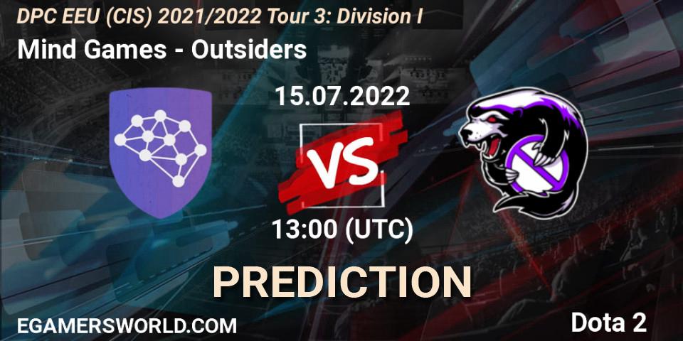 Mind Games vs Outsiders: Betting TIp, Match Prediction. 15.07.2022 at 13:38. Dota 2, DPC EEU (CIS) 2021/2022 Tour 3: Division I