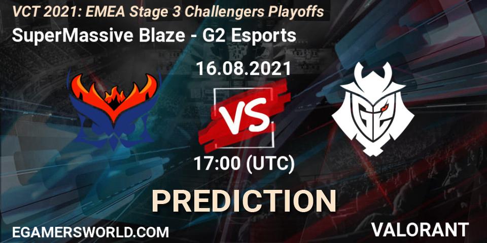 SuperMassive Blaze vs G2 Esports: Betting TIp, Match Prediction. 16.08.2021 at 18:15. VALORANT, VCT 2021: EMEA Stage 3 Challengers Playoffs