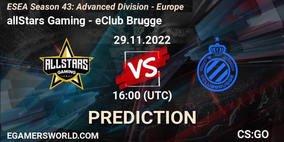 allStars Gaming vs eClub Brugge: Betting TIp, Match Prediction. 29.11.22. CS2 (CS:GO), ESEA Season 43: Advanced Division - Europe