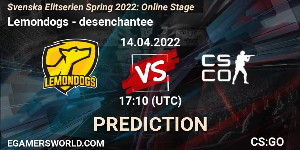 Lemondogs vs desenchantee: Betting TIp, Match Prediction. 21.04.2022 at 17:00. Counter-Strike (CS2), Svenska Elitserien Spring 2022: Online Stage