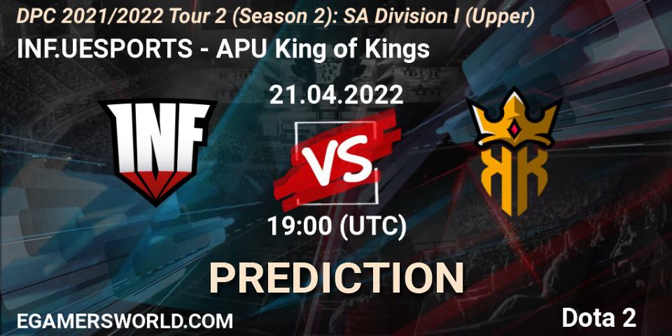 INF.UESPORTS vs APU King of Kings: Betting TIp, Match Prediction. 21.04.2022 at 22:21. Dota 2, DPC 2021/2022 Tour 2 (Season 2): SA Division I (Upper)