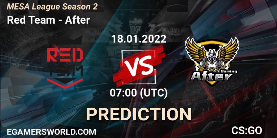 Red Team vs After: Betting TIp, Match Prediction. 20.01.2022 at 07:00. Counter-Strike (CS2), MESA League Season 2