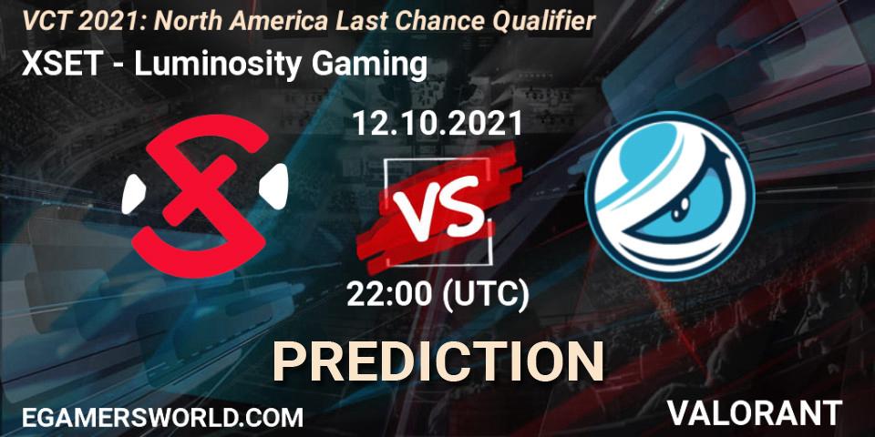 XSET vs Luminosity Gaming: Betting TIp, Match Prediction. 12.10.2021 at 23:00. VALORANT, VCT 2021: North America Last Chance Qualifier