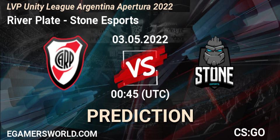River Plate vs Stone Esports: Betting TIp, Match Prediction. 03.05.2022 at 00:45. Counter-Strike (CS2), LVP Unity League Argentina Apertura 2022