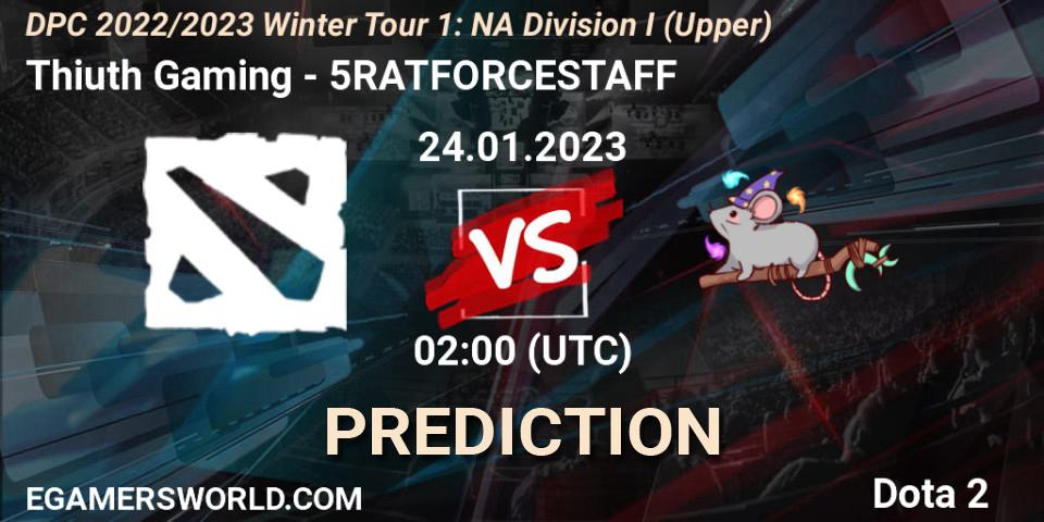 Thiuth Gaming vs 5RATFORCESTAFF: Betting TIp, Match Prediction. 24.01.2023 at 02:03. Dota 2, DPC 2022/2023 Winter Tour 1: NA Division I (Upper)