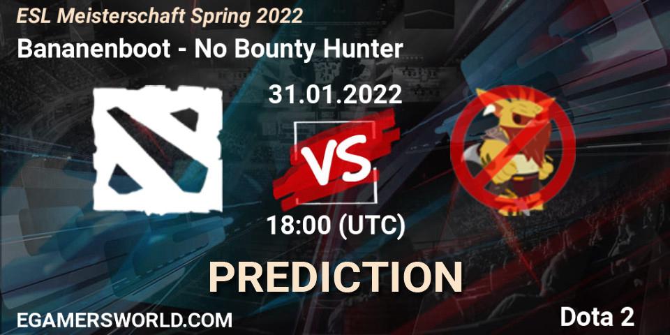 Bananenboot vs No Bounty Hunter: Betting TIp, Match Prediction. 31.01.2022 at 18:01. Dota 2, ESL Meisterschaft Spring 2022
