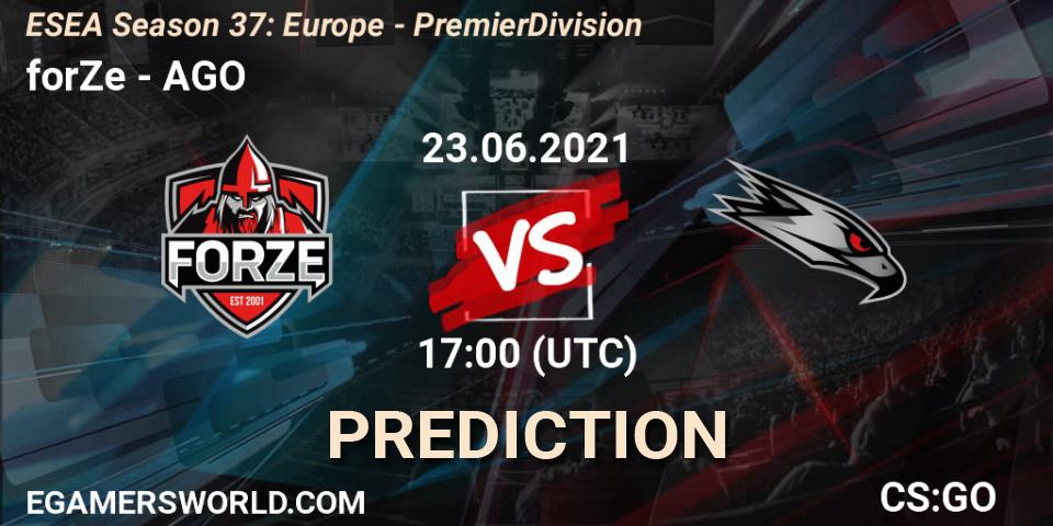 forZe vs AGO: Betting TIp, Match Prediction. 23.06.2021 at 17:00. Counter-Strike (CS2), ESEA Season 37: Europe - Premier Division