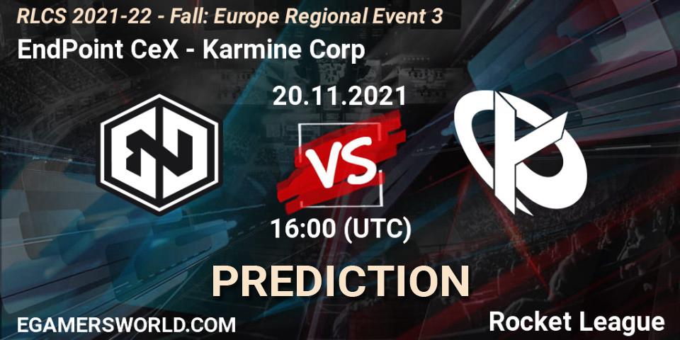 EndPoint CeX vs Karmine Corp: Betting TIp, Match Prediction. 20.11.2021 at 16:00. Rocket League, RLCS 2021-22 - Fall: Europe Regional Event 3