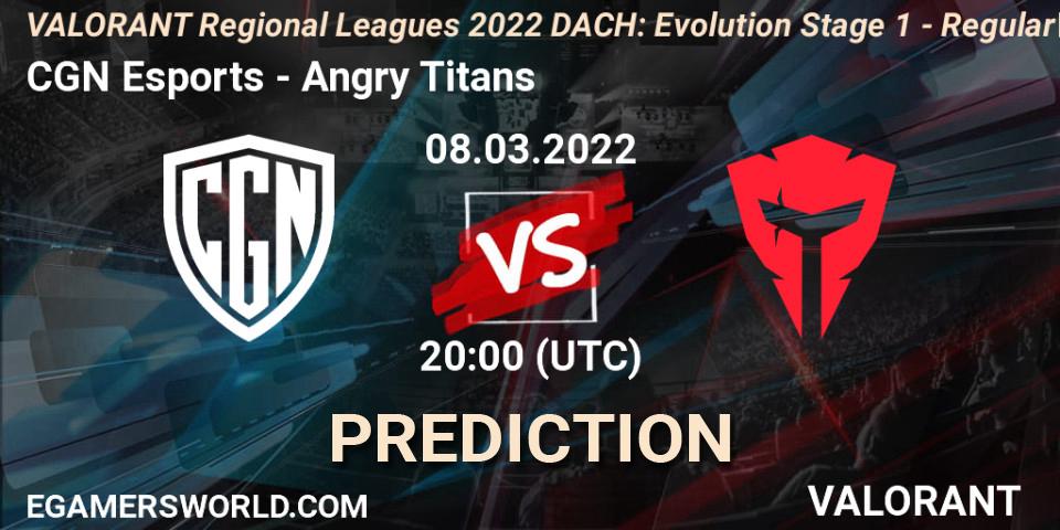 CGN Esports vs Angry Titans: Betting TIp, Match Prediction. 08.03.2022 at 20:00. VALORANT, VALORANT Regional Leagues 2022 DACH: Evolution Stage 1 - Regular Season