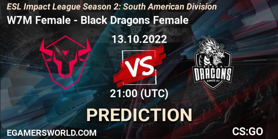 W7M Female vs Black Dragons Female: Betting TIp, Match Prediction. 13.10.2022 at 21:00. Counter-Strike (CS2), ESL Impact League Season 2: South American Division