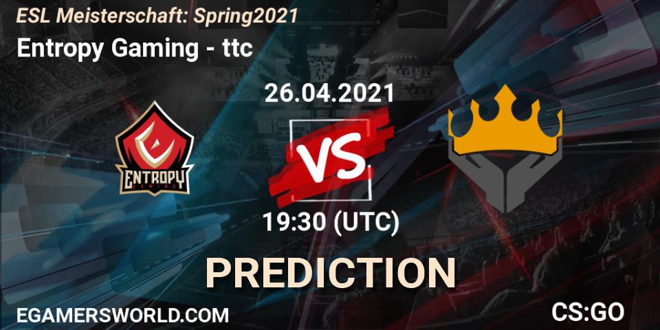 Entropy Gaming vs ttc: Betting TIp, Match Prediction. 26.04.2021 at 19:30. Counter-Strike (CS2), ESL Meisterschaft: Spring 2021