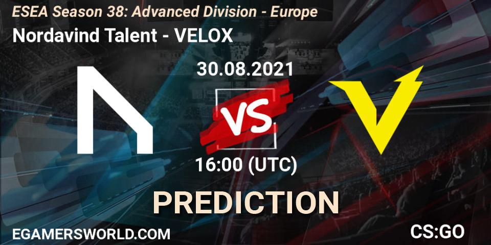 Nordavind Talent vs VELOX: Betting TIp, Match Prediction. 30.08.2021 at 16:00. Counter-Strike (CS2), ESEA Season 38: Advanced Division - Europe