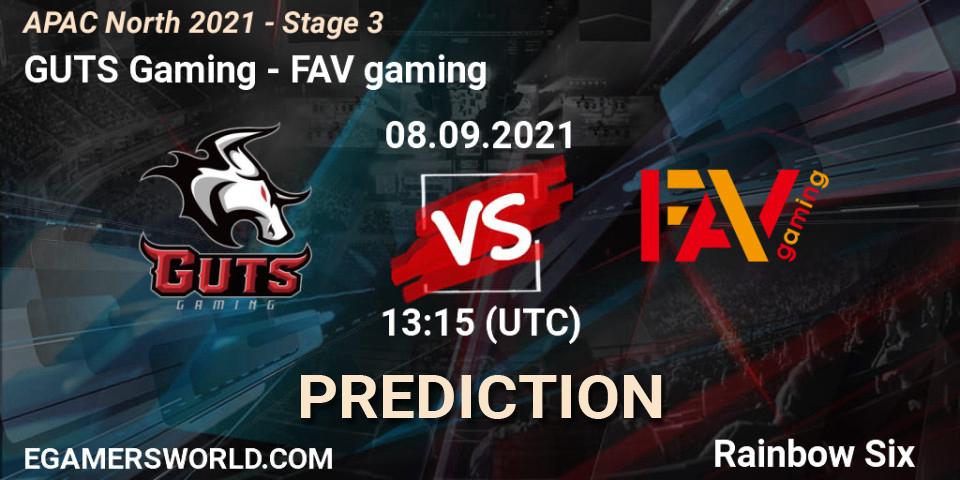GUTS Gaming vs FAV gaming: Betting TIp, Match Prediction. 08.09.2021 at 13:15. Rainbow Six, APAC North 2021 - Stage 3