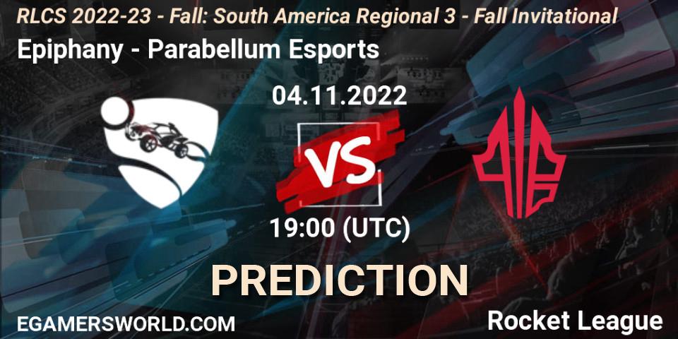 Epiphany vs Parabellum Esports: Betting TIp, Match Prediction. 04.11.2022 at 19:00. Rocket League, RLCS 2022-23 - Fall: South America Regional 3 - Fall Invitational