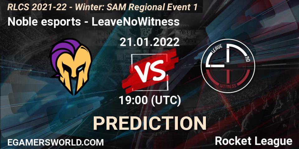 Noble esports vs LeaveNoWitness: Betting TIp, Match Prediction. 21.01.2022 at 19:00. Rocket League, RLCS 2021-22 - Winter: SAM Regional Event 1