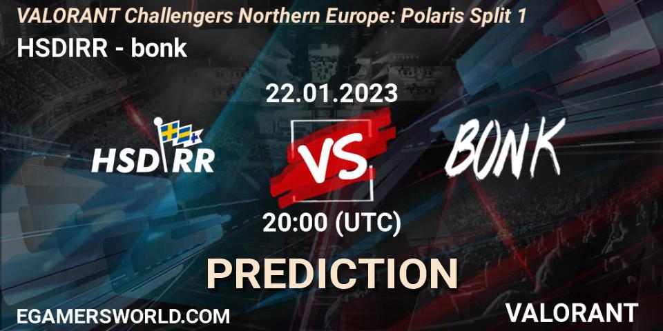 HSDIRR vs bonk: Betting TIp, Match Prediction. 22.01.23. VALORANT, VALORANT Challengers 2023 Northern Europe: Polaris Split 1