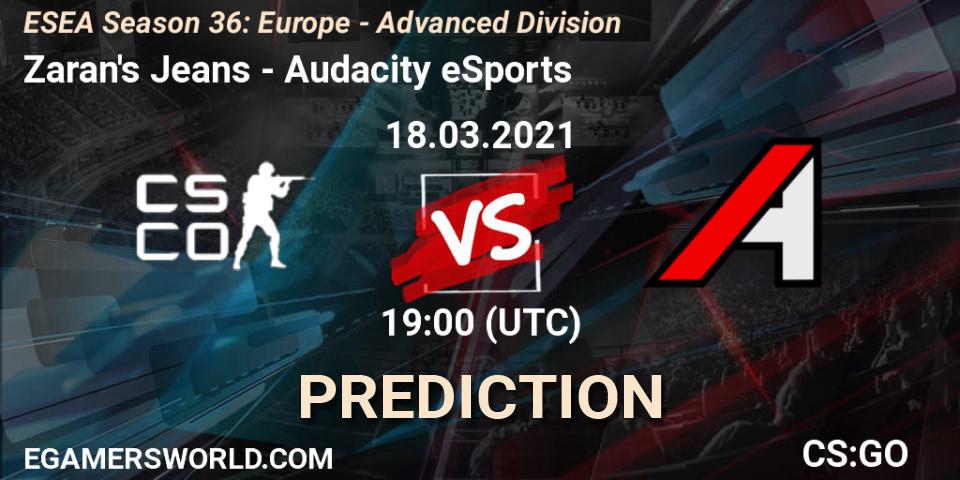 Zaran's Jeans vs Audacity eSports: Betting TIp, Match Prediction. 18.03.2021 at 19:00. Counter-Strike (CS2), ESEA Season 36: Europe - Advanced Division