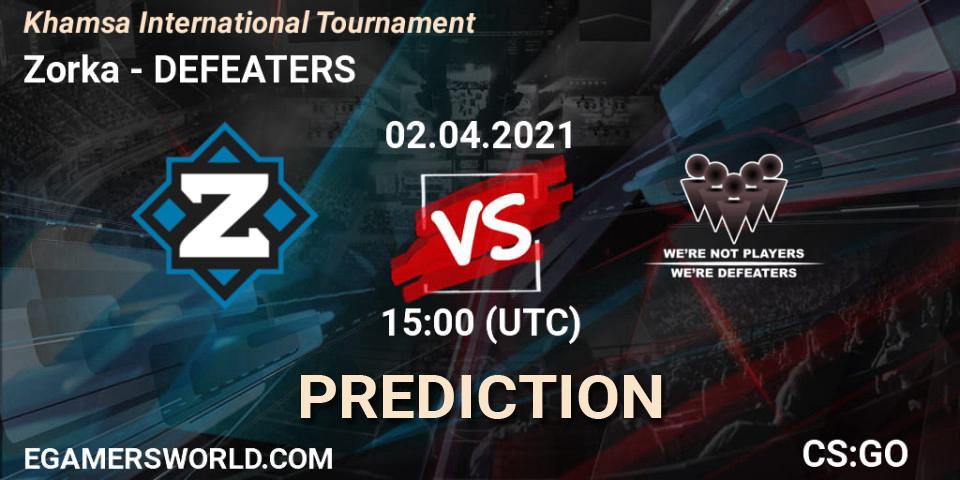 Zorka vs DEFEATERS: Betting TIp, Match Prediction. 02.04.2021 at 15:00. Counter-Strike (CS2), Khamsa International Tournament