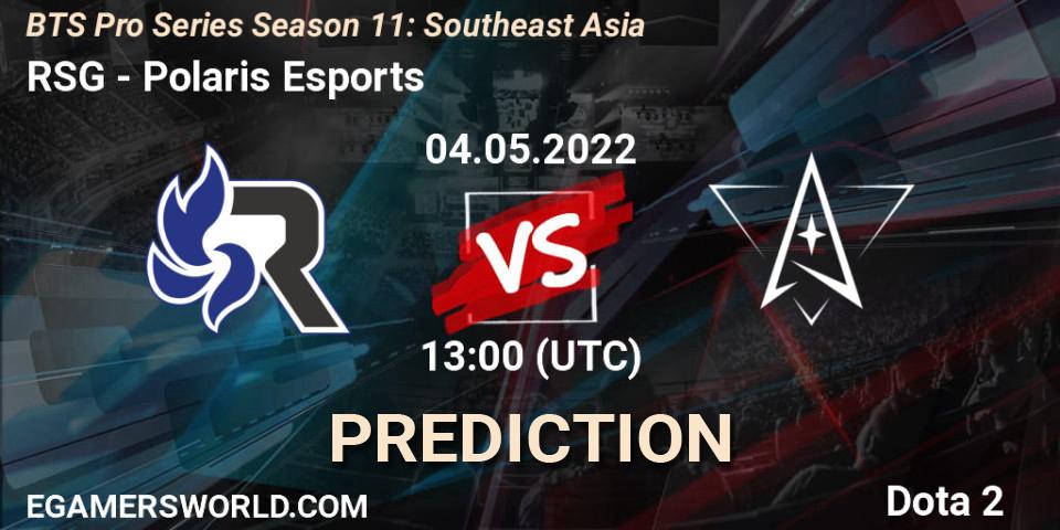 RSG vs Polaris Esports: Betting TIp, Match Prediction. 04.05.2022 at 13:21. Dota 2, BTS Pro Series Season 11: Southeast Asia
