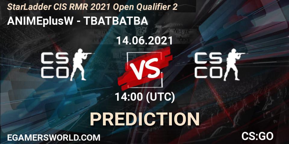 ANIMEplusW vs TBATBATBA: Betting TIp, Match Prediction. 14.06.2021 at 14:05. Counter-Strike (CS2), StarLadder CIS RMR 2021 Open Qualifier 2