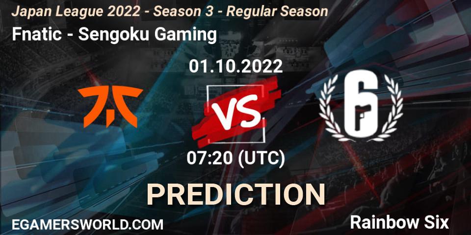 Fnatic vs Sengoku Gaming: Betting TIp, Match Prediction. 01.10.2022 at 07:20. Rainbow Six, Japan League 2022 - Season 3 - Regular Season