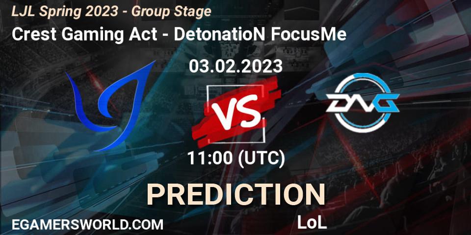 Crest Gaming Act vs DetonatioN FocusMe: Betting TIp, Match Prediction. 03.02.23. LoL, LJL Spring 2023 - Group Stage