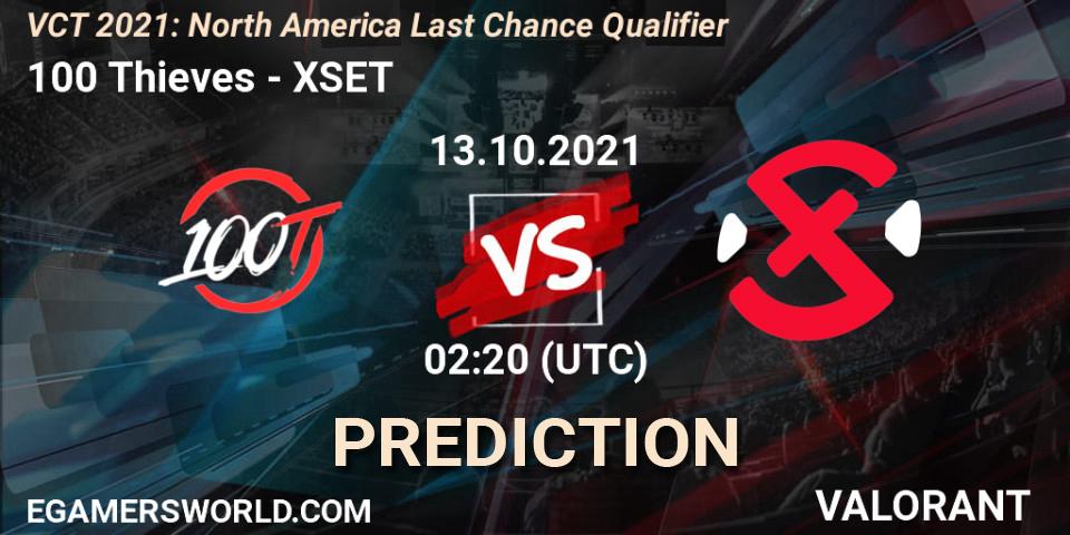 100 Thieves vs XSET: Betting TIp, Match Prediction. 13.10.2021 at 02:30. VALORANT, VCT 2021: North America Last Chance Qualifier